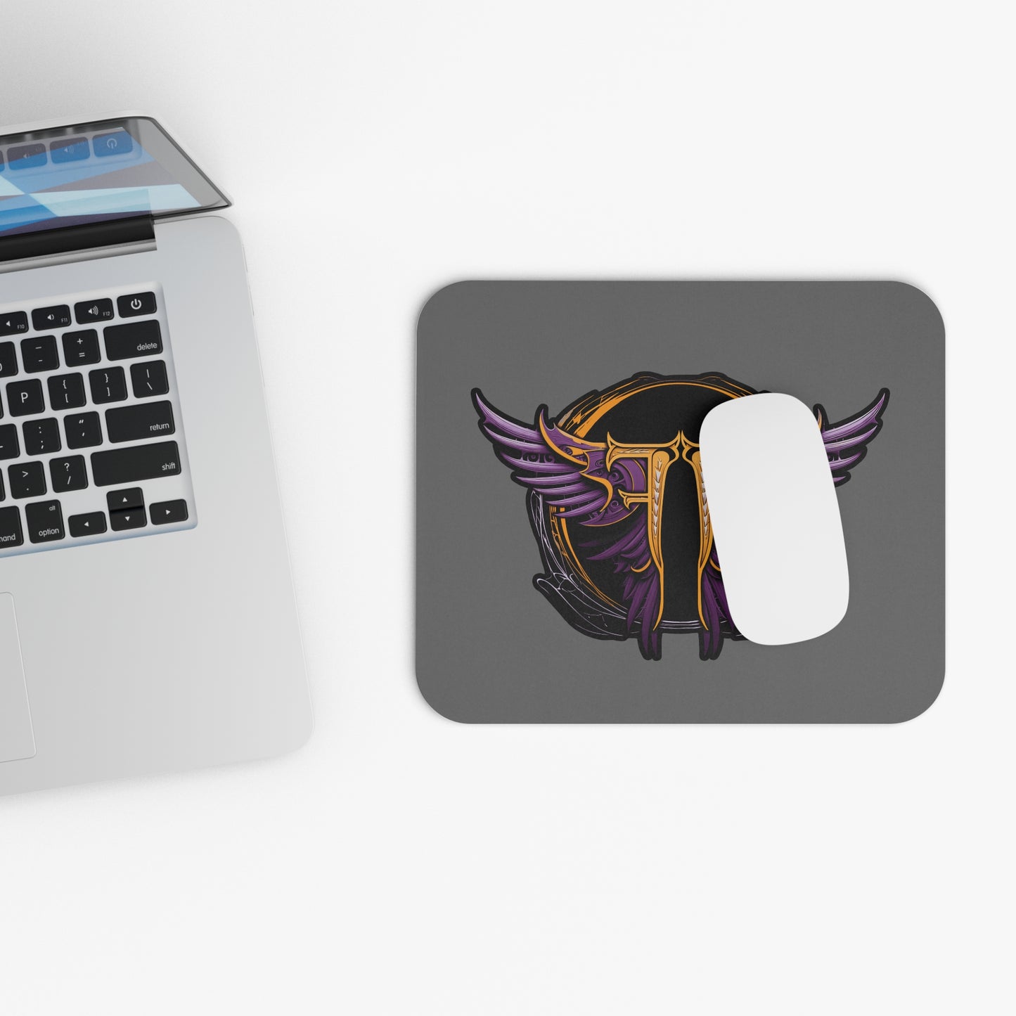 Winged Letter T Mouse Pad — Gothic Purple Emblem Gaming Desk Mat