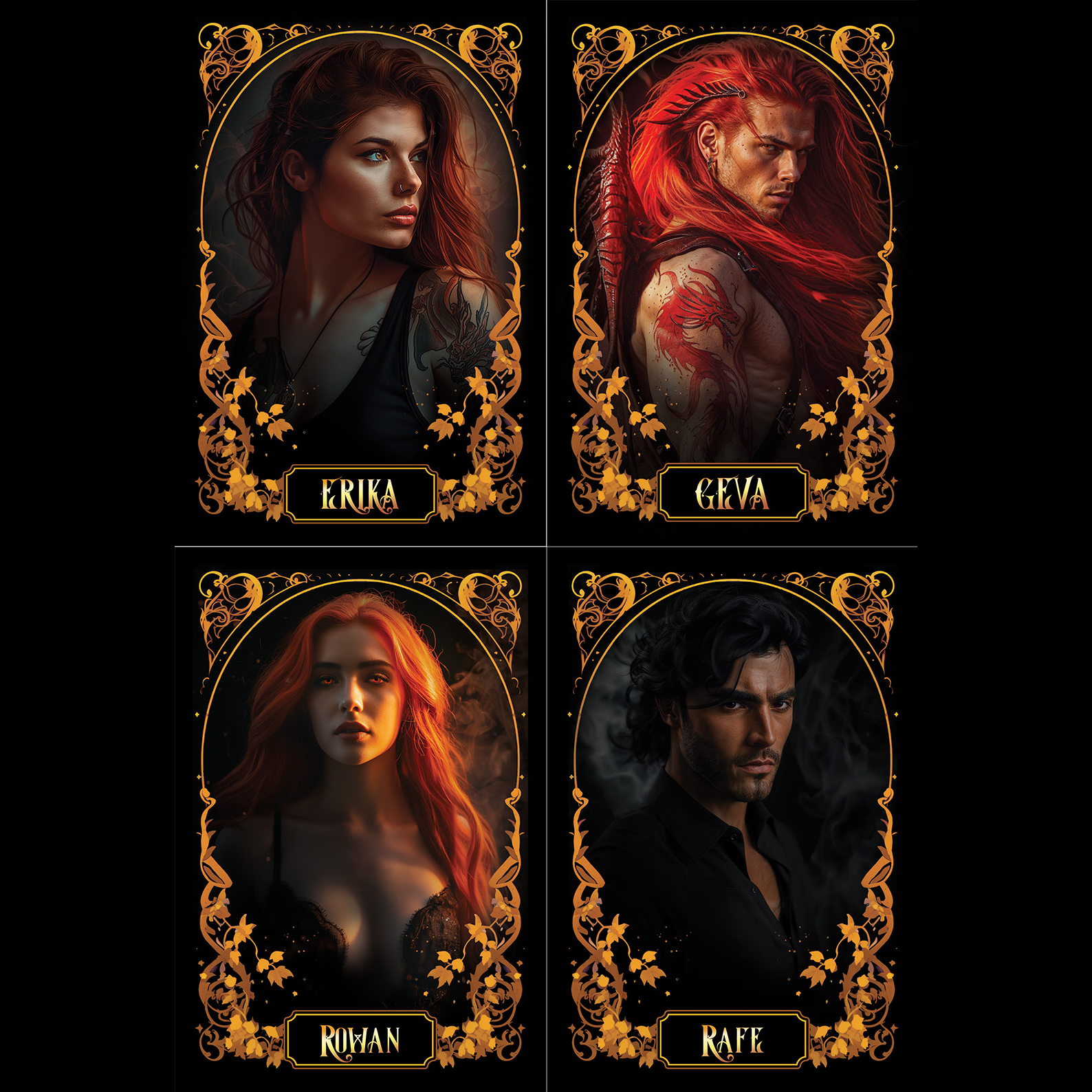 Character cards for Erika, Geva, Rowan, and Rafe