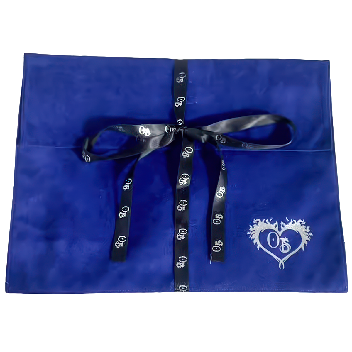 Blue suede envelope gift bag with OB monogram and black satin ribbon