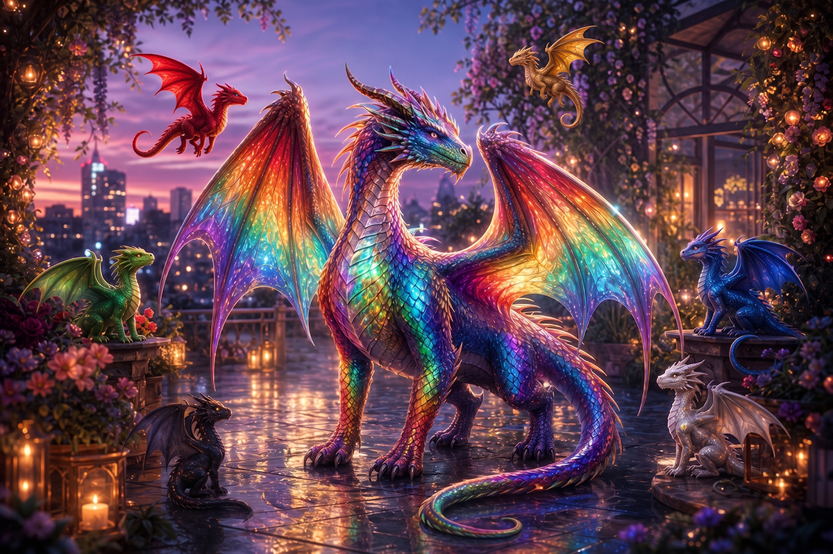A prismatic rainbow dragon surrounded by colorful dragon silhouettes — Ophelia Bell dragon color quiz