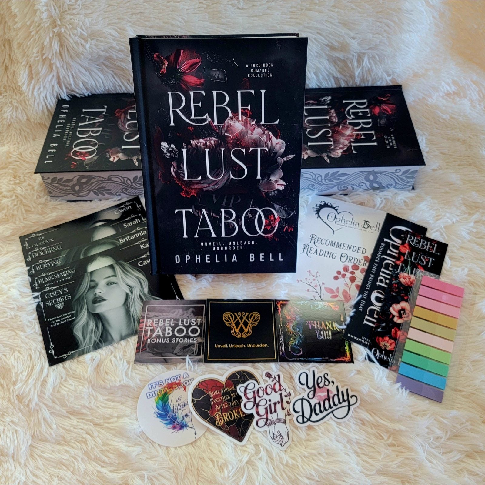 Three Lace Edge hardcovers with character cards and stickers